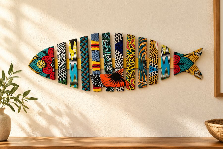 Poisson mural en bois et tissu
